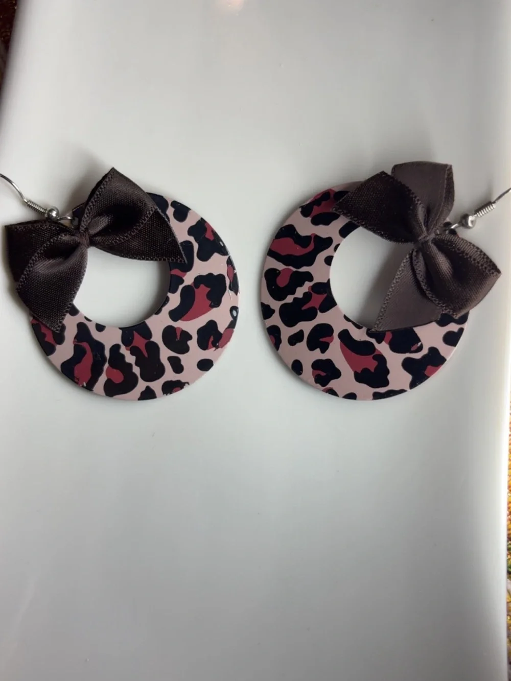 Pink Leopard Print Hoop Earrings with Brown Bows